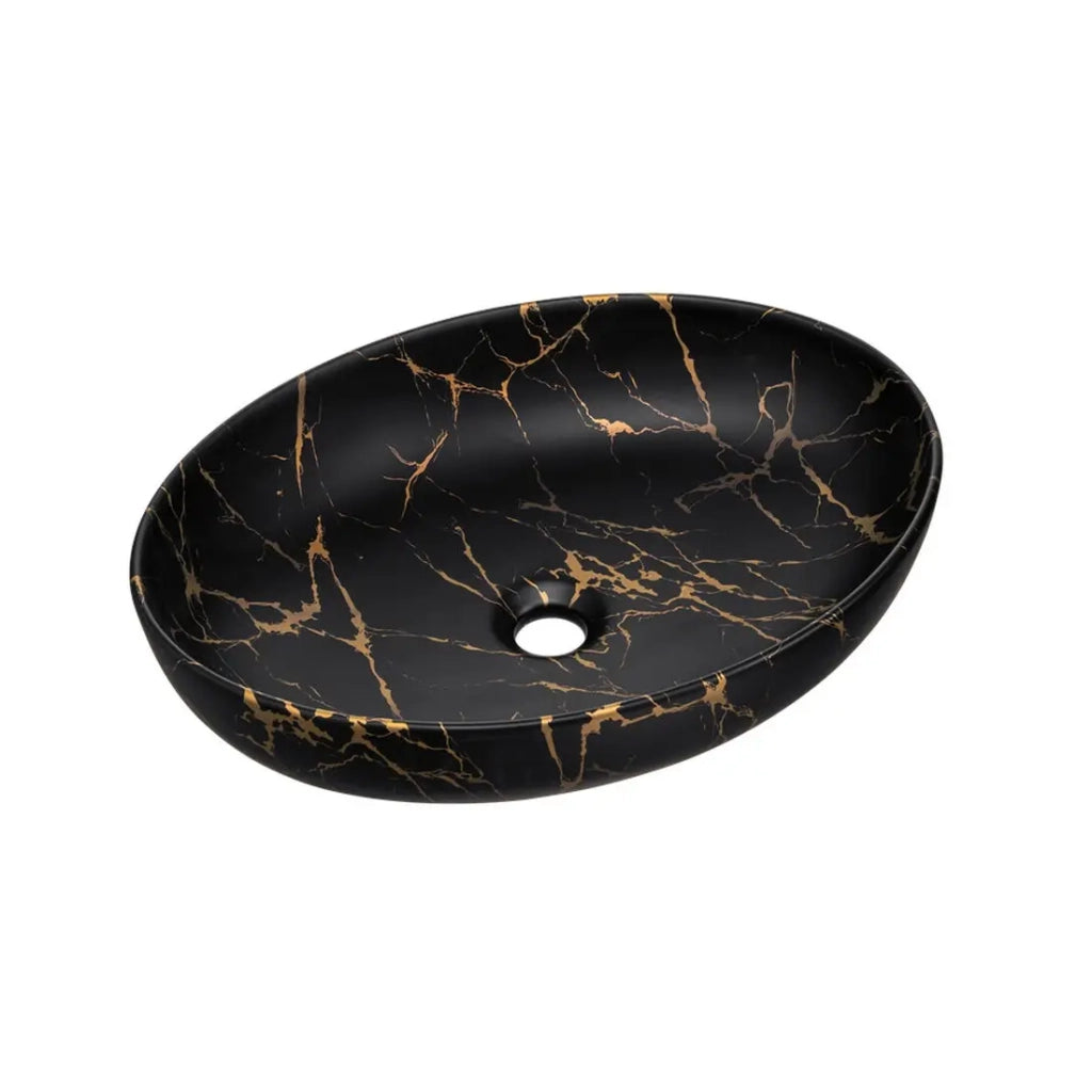 Lavabo da appoggio ovale 52x39,5 cm nero e dorato effetto marmo in ceramica