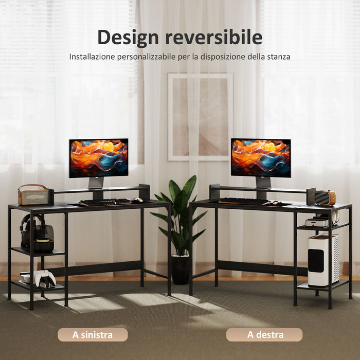 Scrivania Moderna con Supporto per Monitor e Ripiani a Giorno Regolabili 120x48x85,5 cm in Legno e Acciaio Nero