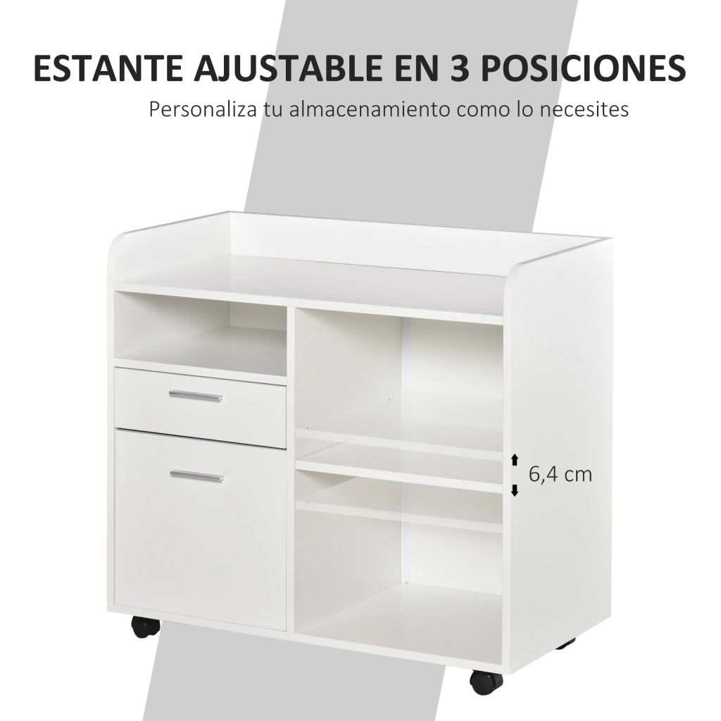 Scrivania per stampante con 3 scomparti, 2 cassetti, scaffale e ruote ¨C zephmum ¨C 80x40x72 cm bianco