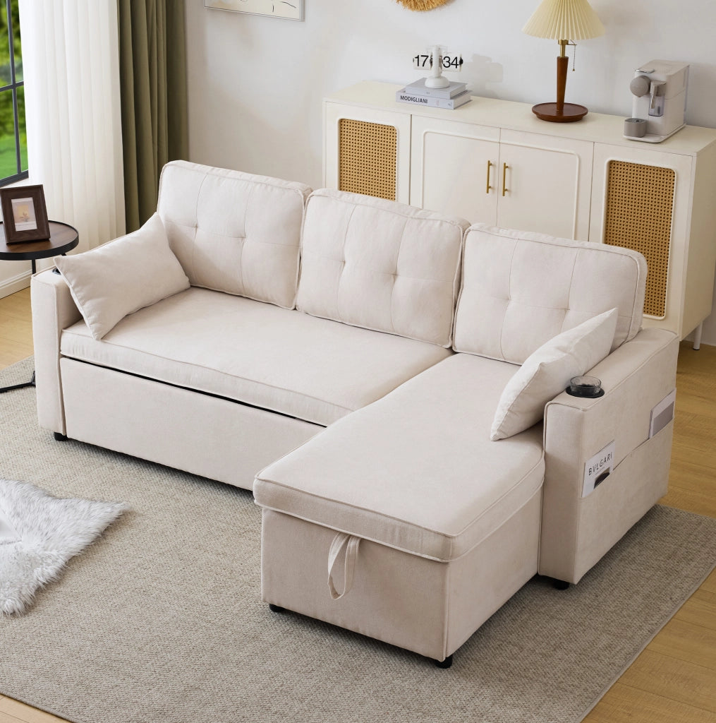 DIVANO LETTO Angolare 211x130x86 cm Beige in Cotone e Lino con Contenitore