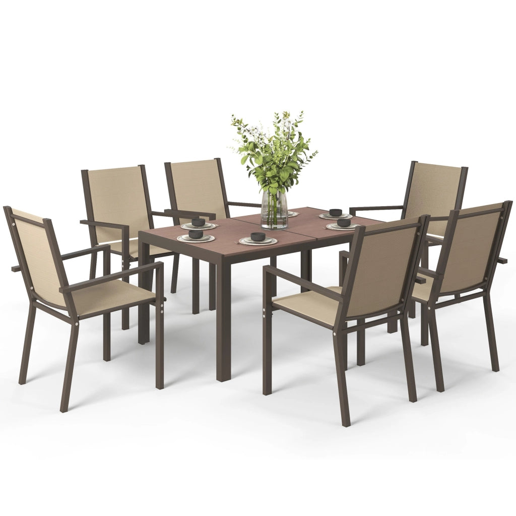 Set da Giardino 7 Pezzi con Tavolo Rettangolare e 6 Sedie Impilabili ¨C Xylo ¨C Plastica Kaki e Marrone