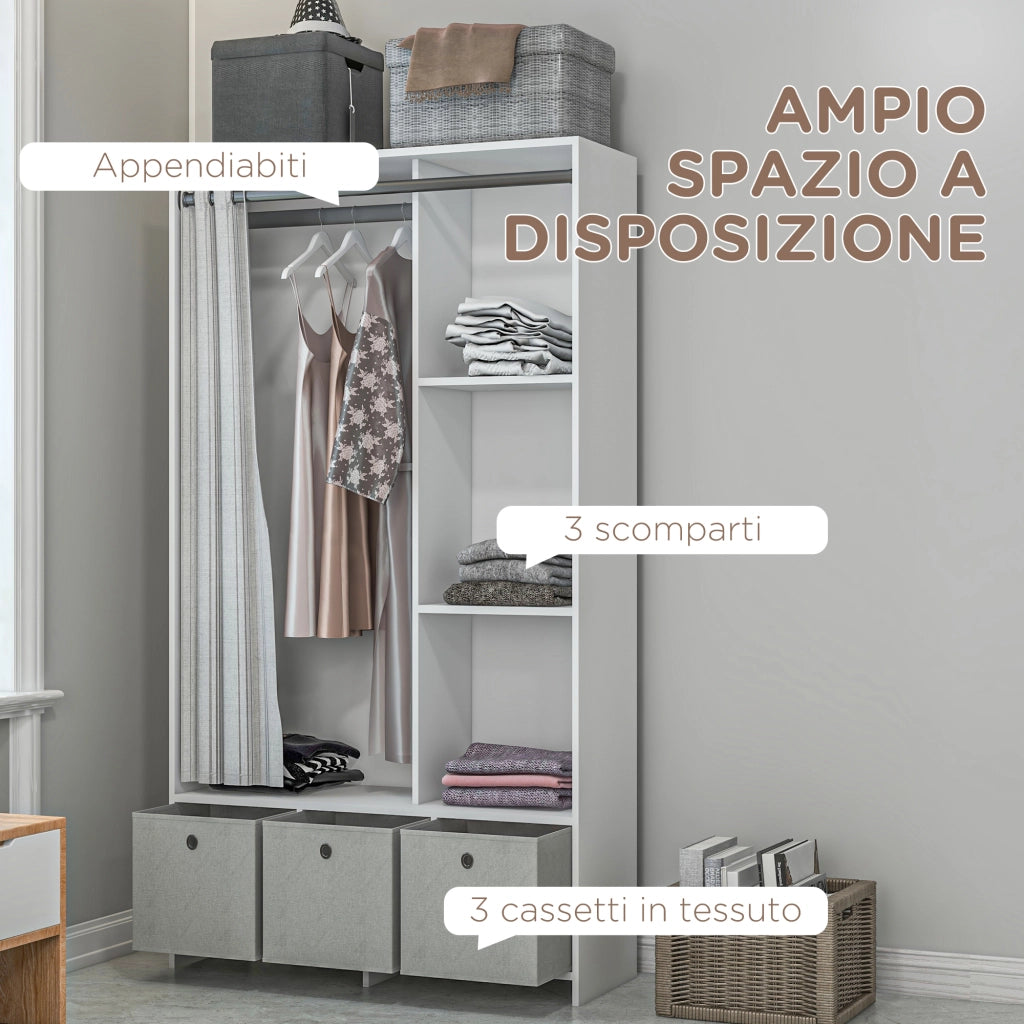 Armadio Guardaroba con Barra Appendiabiti. 3 Cassetti in Tessuto e 3 Ripiani. 105x48x160 cm. Bianco e Grigio