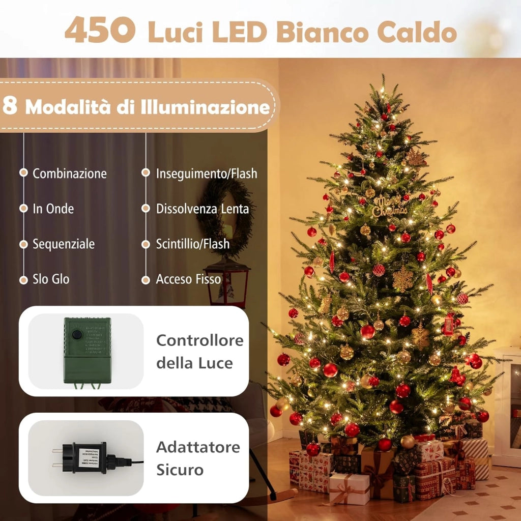 Albero di Natale Artificiale 135/180/210/240 CM, Albero di Natale con 160/240/340/450 Luci LED Bianche Calde, 442/778/1090/1480 Punte di Rami e Foglie Miste in PE & PVC (240 CM)