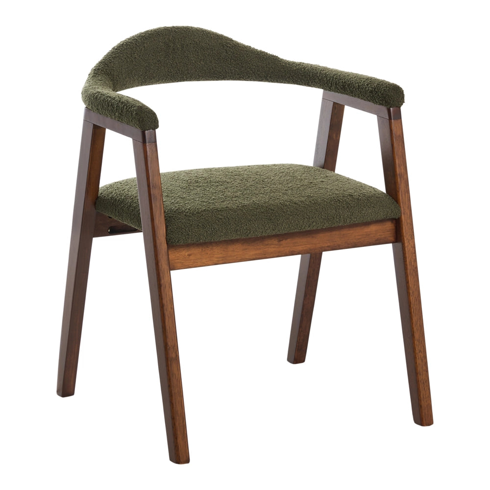 Set di 2 sedie da pranzo con seduta e schienale imbottiti verdi, rivestimento in bouclé, poliestere, struttura in legno di gomma color marrone, stile retrò, per sala da pranzo.