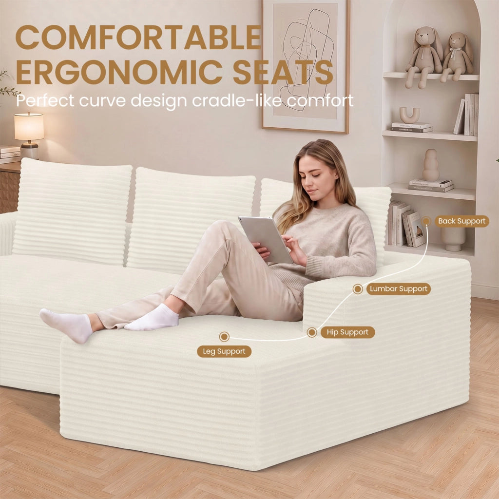 Divano angolare modulare in velluto a coste a L, divano compresso sottovuoto senza montaggio con chaise longue, molle insacchettate ergonomico