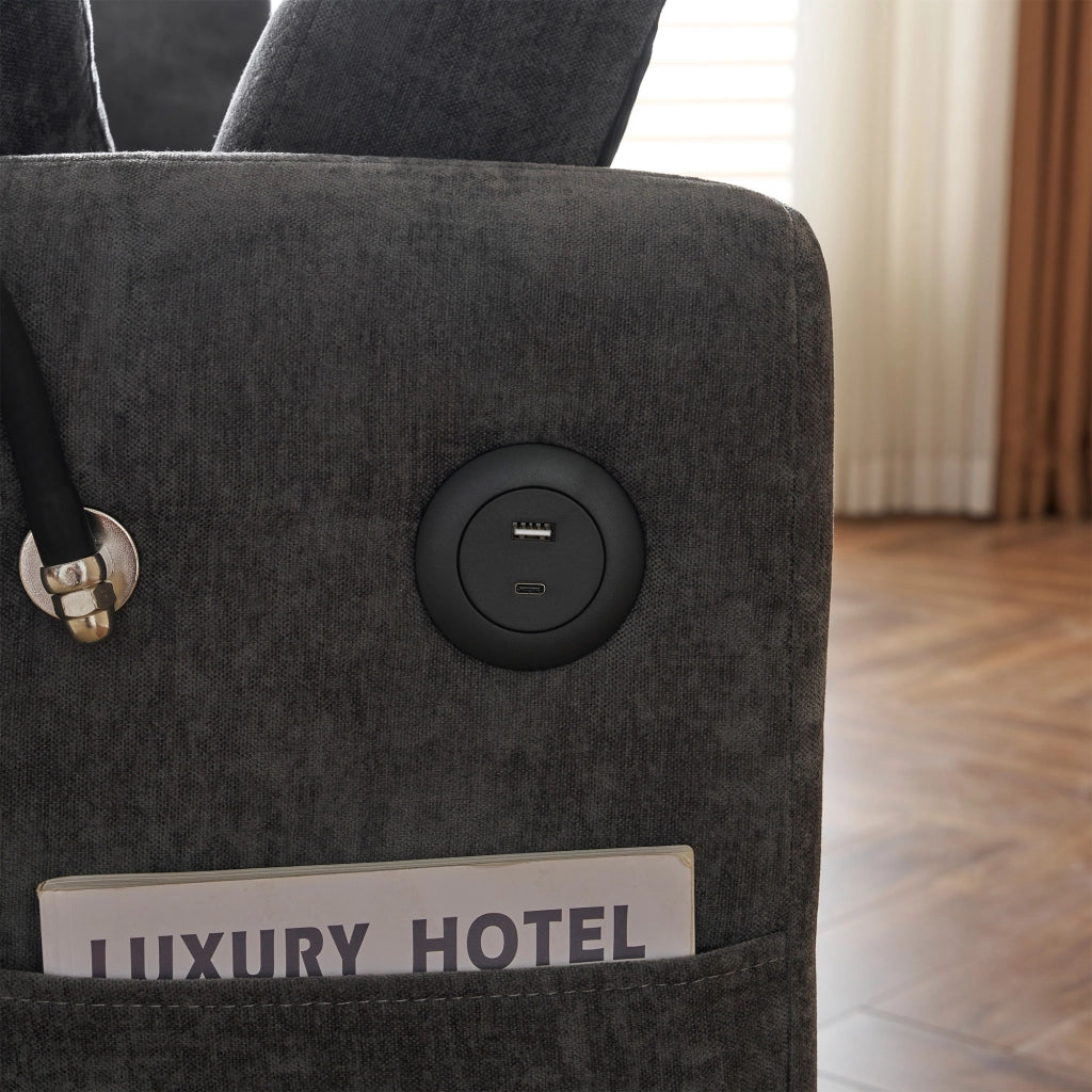 Divano Letto 2 Posti Estraibile con Schienale Regolabile; USB; Supporto Telefono e Tasche; Ciniglia Grigia