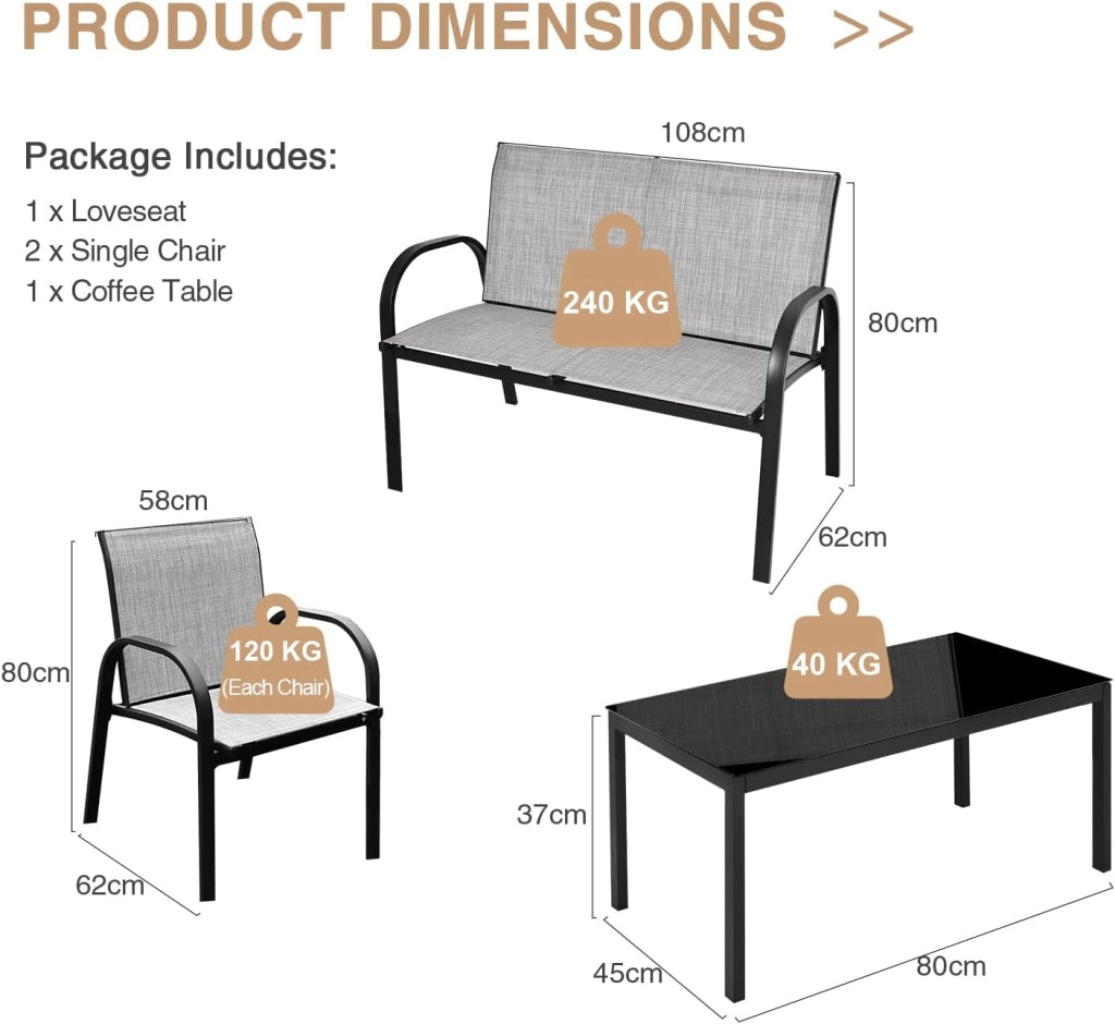 Set di 4 mobili da giardino per 4 persone, set da giardino con 2 sedie e 1 panca e 1 tavolino da caffè, set di mobili da terrazza per piscina, cortile (grigio), QF54737IBDE