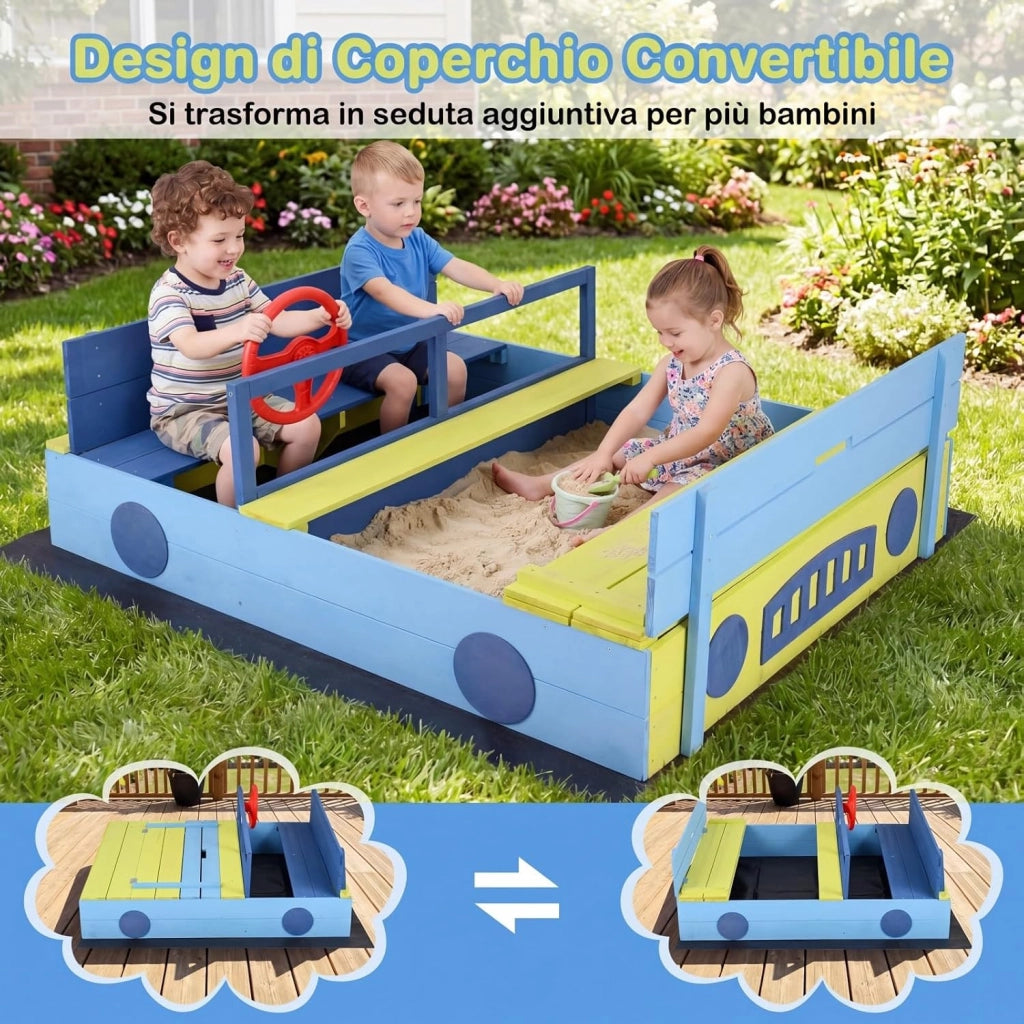 Sabbiera per Bambini in Legno di Abete, Sabbiera da Esterno con Panche e Fodera, Sandbox per Bambini a Forma di Macchina con Volante Rotante, 118x100x40 cm