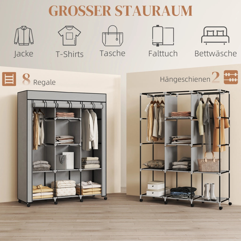 Armadio con ante in tessuto ¨C zephmum ¨C grigio, 8 ripiani, 2 appendiabiti