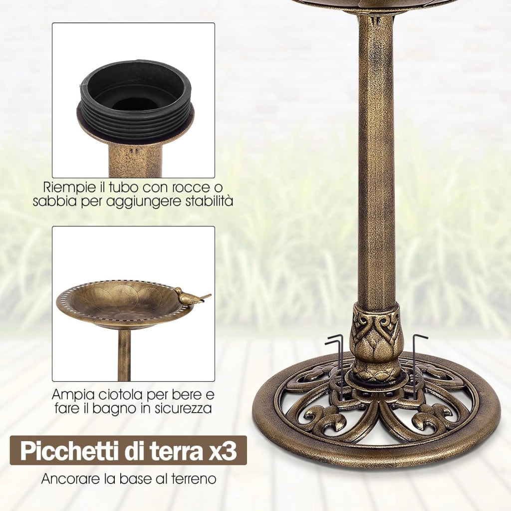 Mangiatoia per Uccelli, Vasca per Uccelli Autoportante da Esterno con Supporto, Stazione di Alimentazione per Uccelli per Balcone Giardino Cortile Patio (Bronzo)