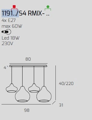 SOSP. OTTONE SATINATO 4 LUCI RETTANGOLARE VETRI (2 X PICCOLO ZA + 2 X GRANDE RU) 1191OS-S4 RMIX-ZR
