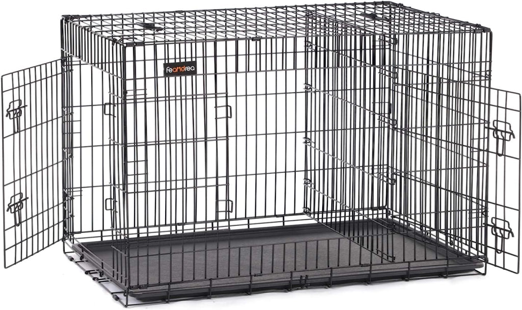 Feandrea Gabbia per Cani Pieghevole, con 2 Porte, Divisorio, Vassoio Rimovibile, 122 x 74,5 x 80,5 cm, XXL, Nero PPD48BK