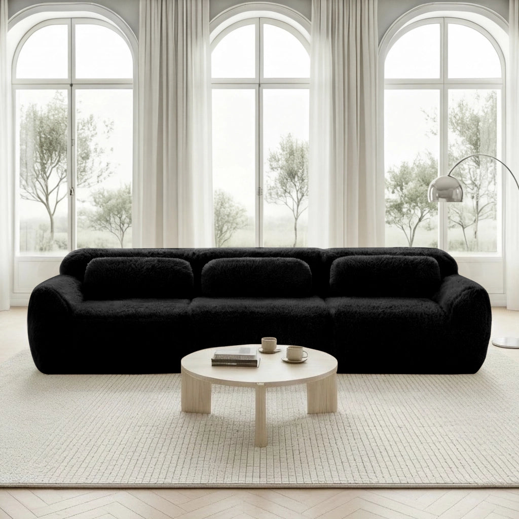Divano Modulare 3 Posti Senza Montaggio con Cuscini; Base Antiscivolo; Comfort Ergonomico in Peluche Nero