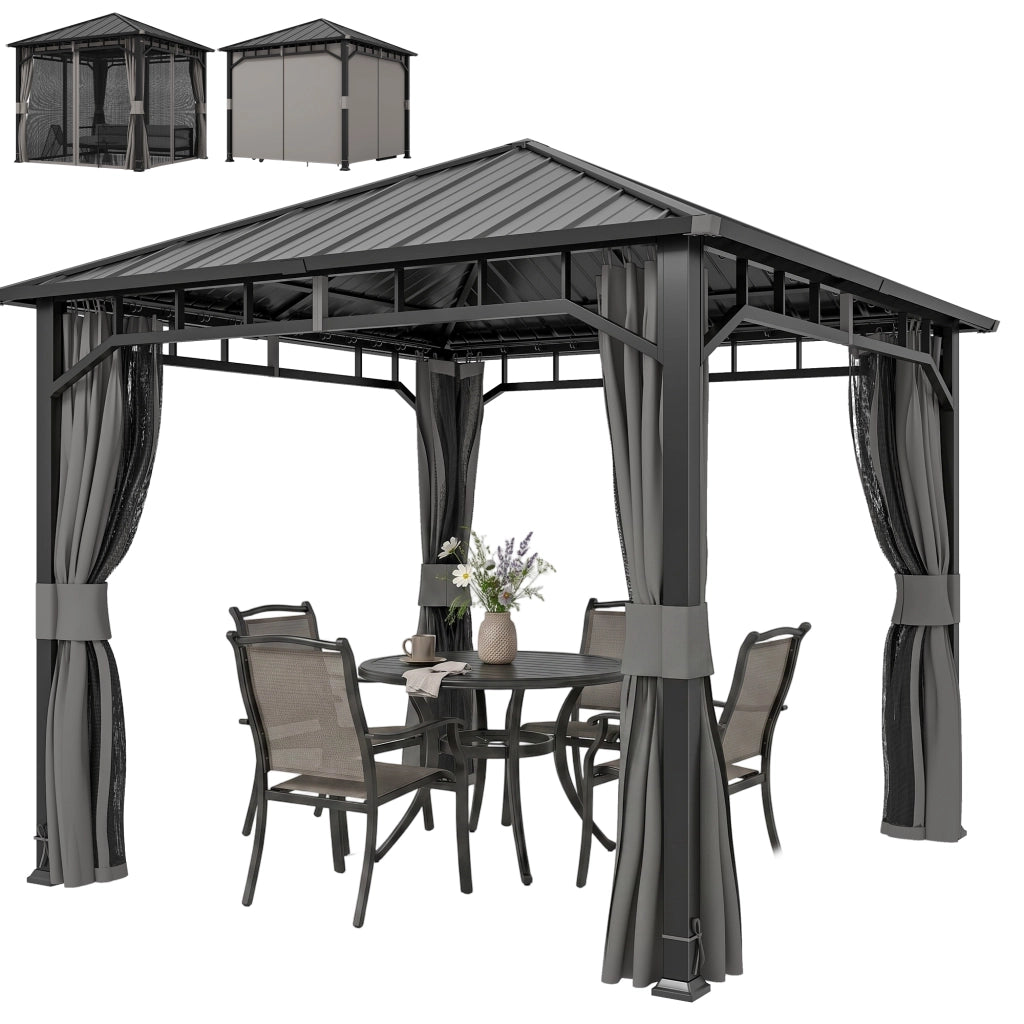 Gazebo Giardino 3x3 m ¨C zephmum ¨C Hardtop Scuro Impermeabile con Rete e Ganci