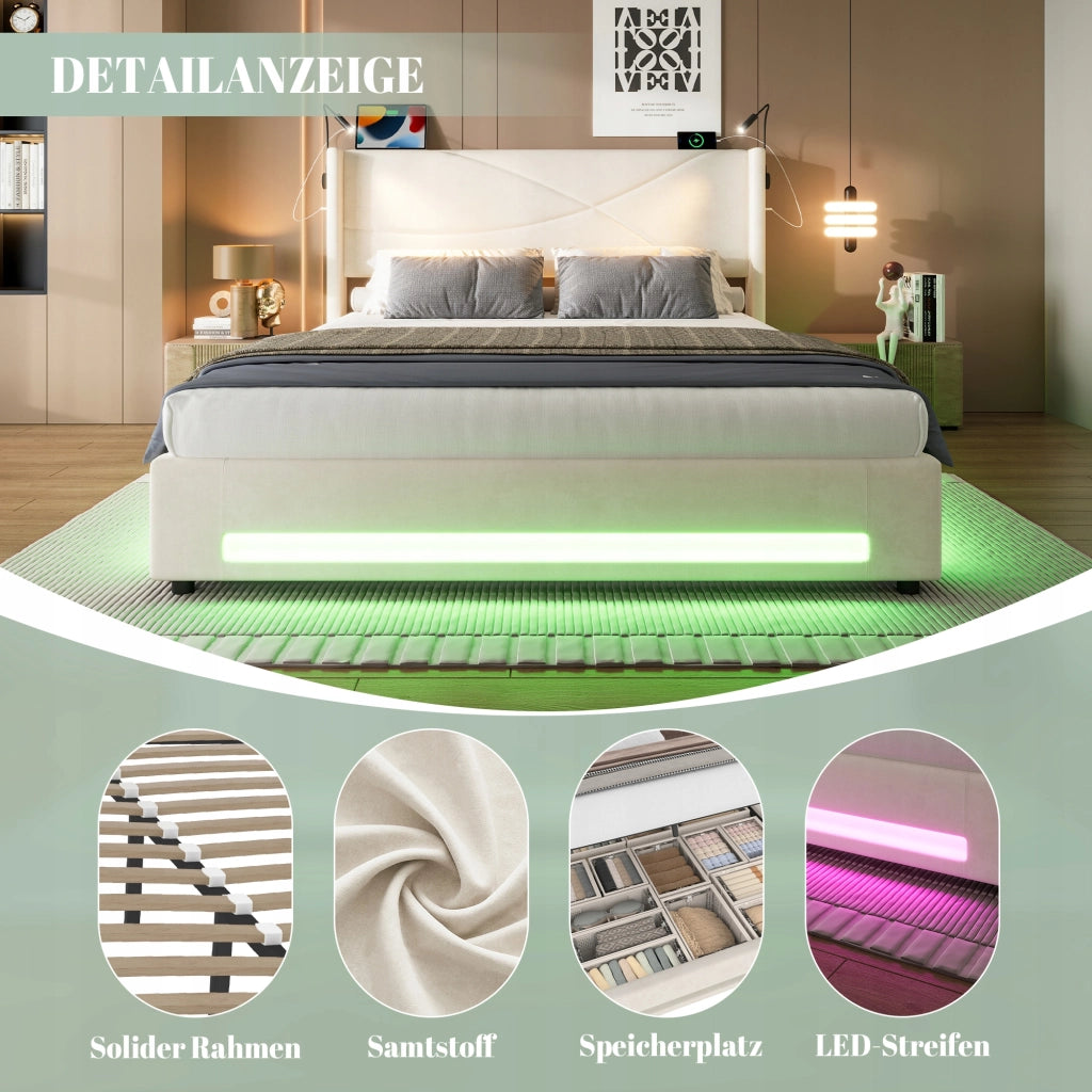 Letto imbottito moderno con LED - Xylo - 140x200 - Idraulico