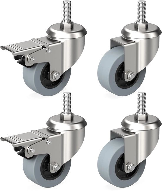 Set di 4 ruote per mobili 50 mm con viti a filo 10 mm x 25 mm - Ruote pesanti con freno fino a 30 kg per ruota - Ruote di trasporto per uso interno ed esterno - Ruote inclinabili per diversi tipi di pavimento