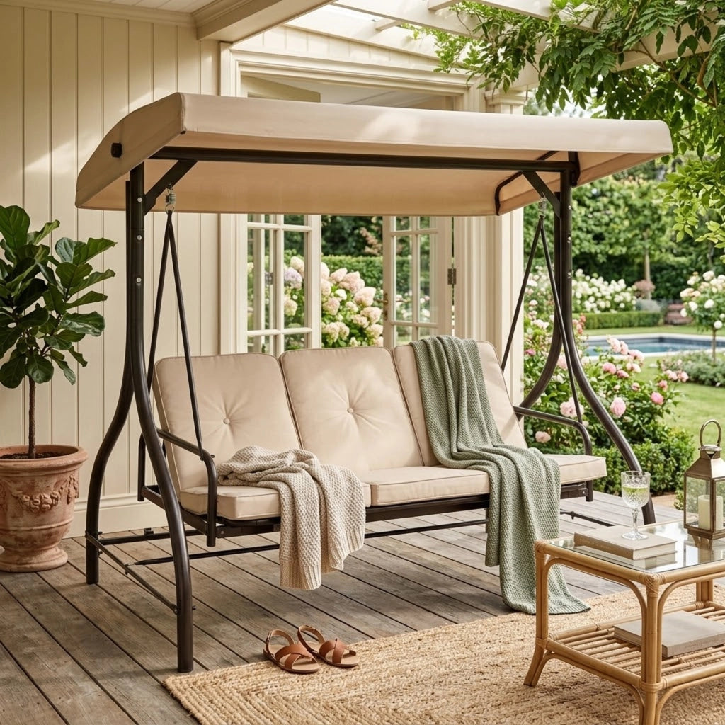 Dondolo Da Esterno 3 Posti Con Copertura Parasole Seduta Regolabile Convertibile In Letto Telaio In Acciaio Per Giardino Patio E Terrazza 195 X 120 X 175 Cm Beige