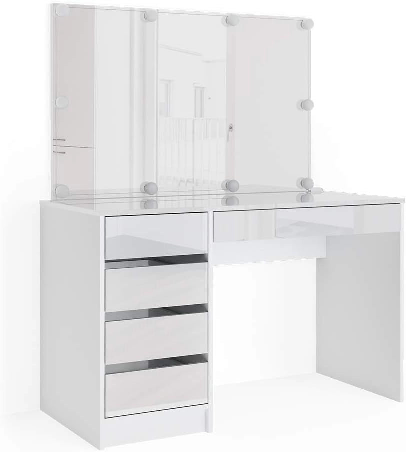 Tavolo da toeletta Sherry, Bianco, 120 cm con illuminazione a LED, con illuminazione LED e grande specchio rettangolare