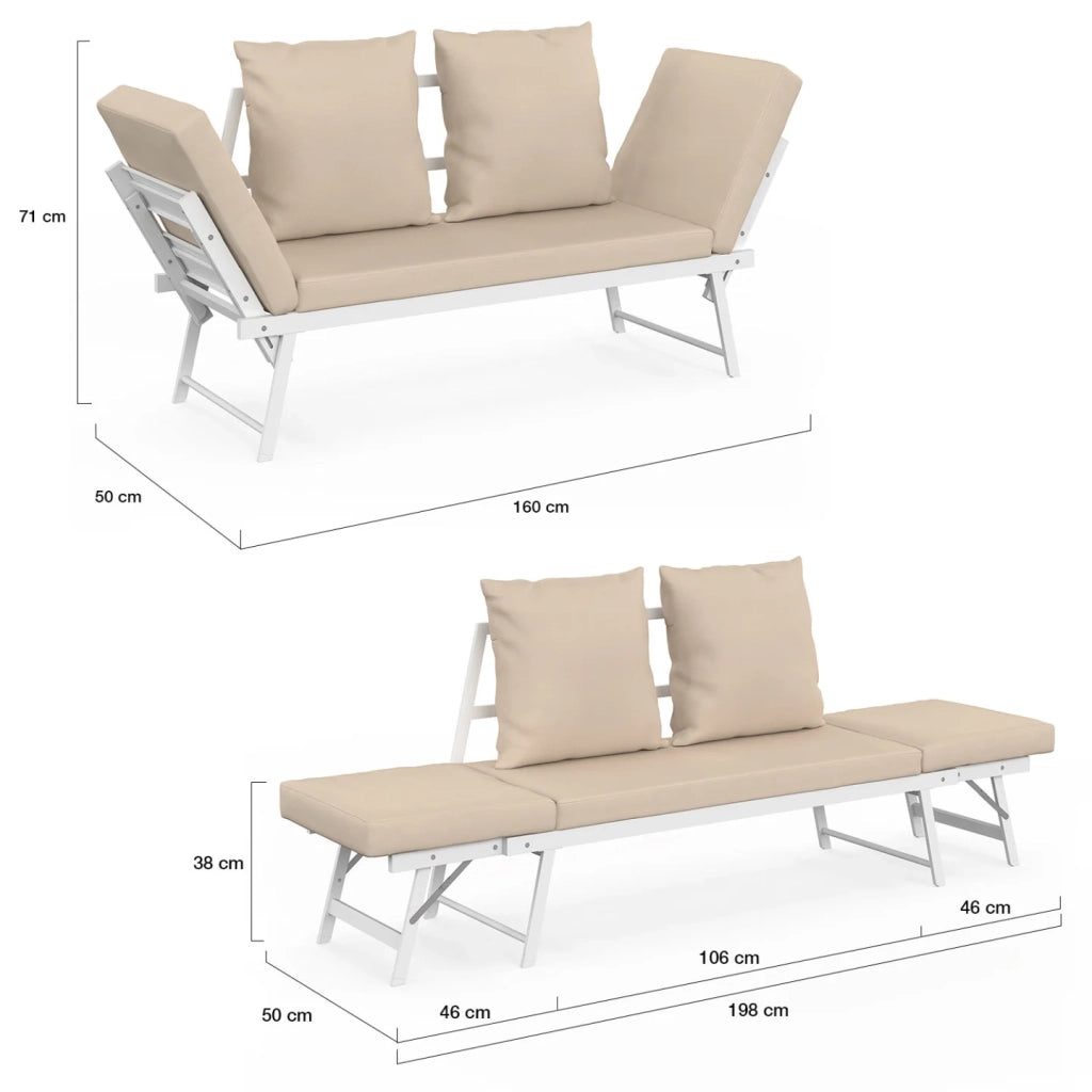 IDMarket - Divano da giardino, panca trasformabile NOLA 2/3 posti con braccioli reclinabili in metallo bianco e cuscini beige
