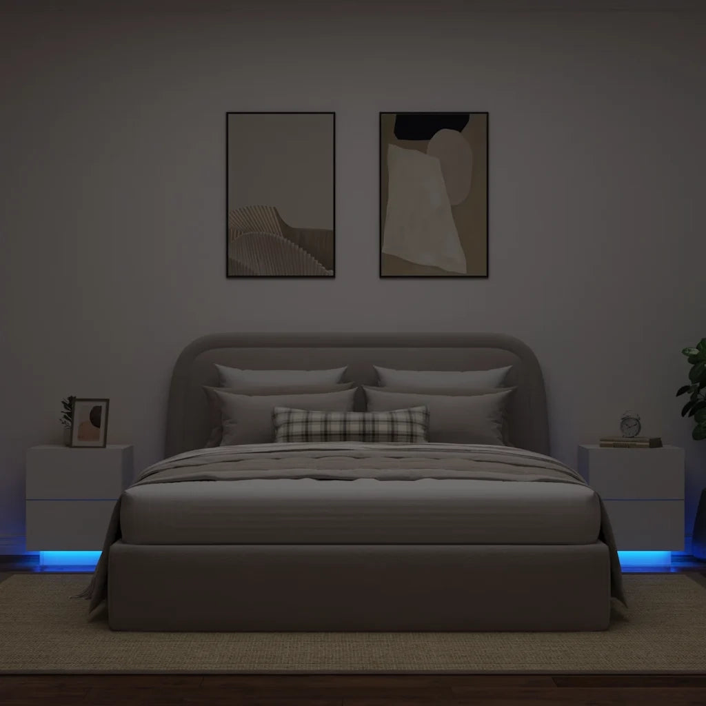 Set di 2 Comodini | Armadio da Notte | Mobiletto da notte con Luci LED Bianchi in Legno Multistrato