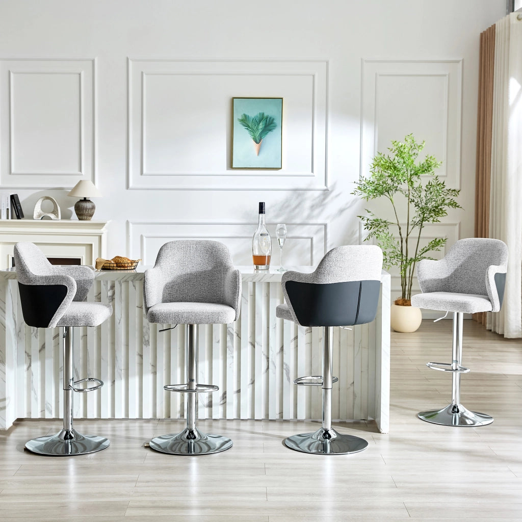 Sgabello da Bar Set da 2 Girevole Regolabile in Altezza con Braccioli e Poggiapiedi in Tessuto Grigio Chiaro