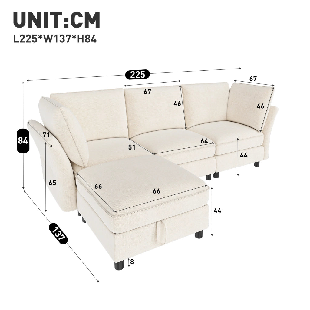 Divano modulare a L con pouf contenitore, 4-5 posti, tessuto chenille, beige