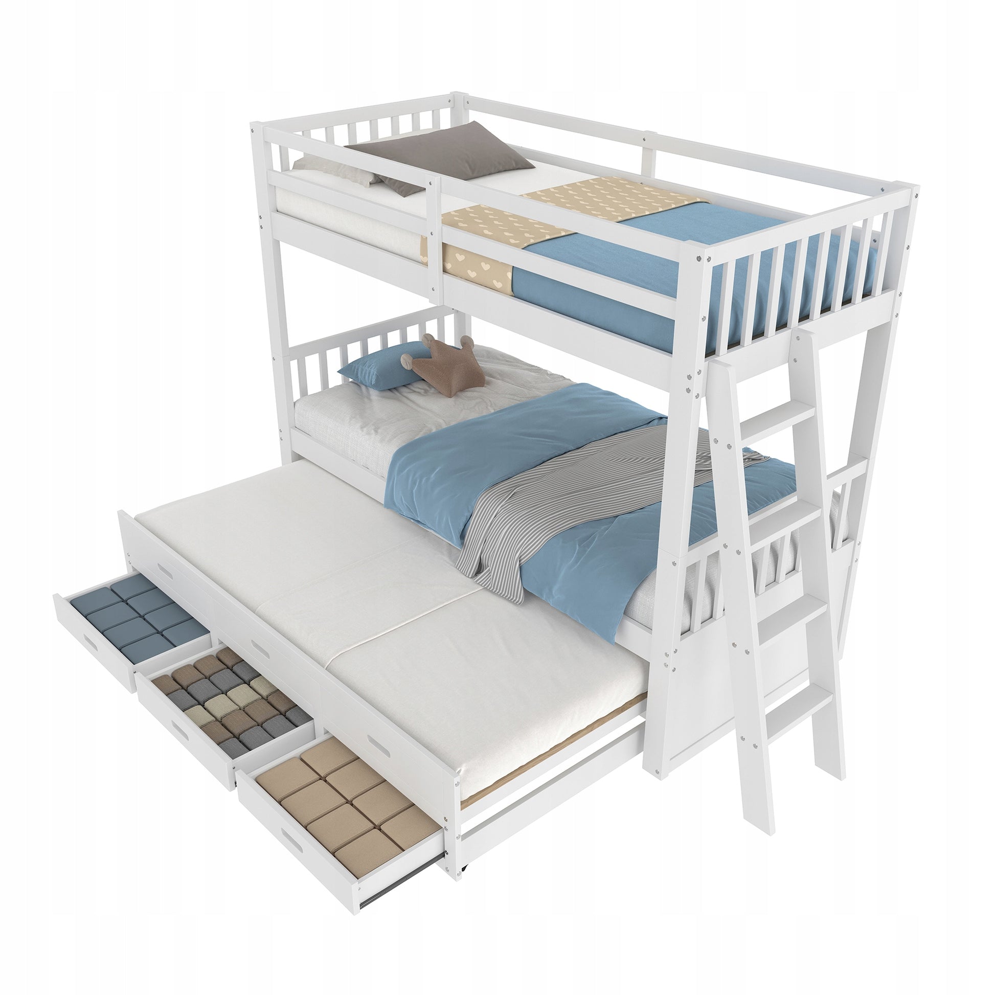 Letto a castello 90x200 - Xylo - Bianco con scala e cassetti