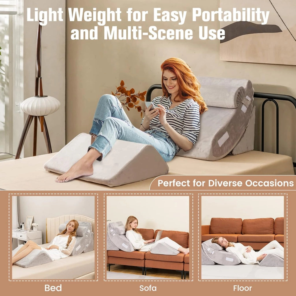 Set di 4 Cuscini a Cuneo per Letto, Cuscini Regolabili in Memory Foam con Fodere Lavabili, Cuscino Multiuso per Dormire da Lettura, Grigio