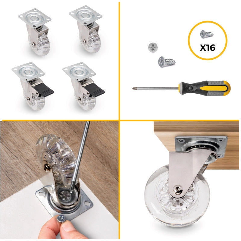 Lotto di 4 ruote Slip trasparenti con piastra di montaggio, diametro 75 mm, Acciaio e Tecnoplastica