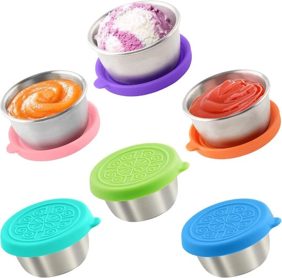 6 Mini Contenitori per Insalata - 50 ml Contenitori per Salsa - Tappi in Silicone Resistenti al Calore - Contenitori per Salsa con Tappo in Silicone - Adatti per Snack/Dips/Insalata/Erbe e Simili