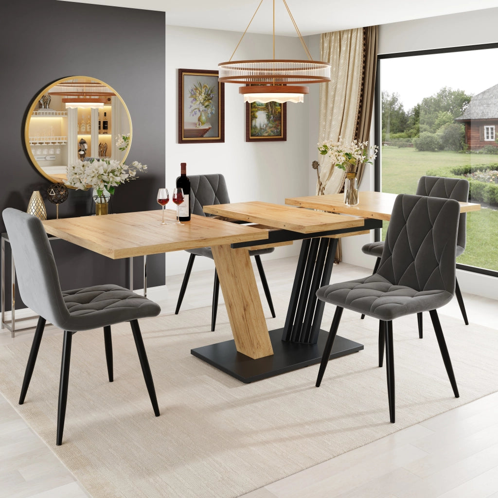 Tavolo da pranzo allungabile con 4 sedie in velluto, piano in MDF e gambe in metallo, per sala da pranzo, grigio
