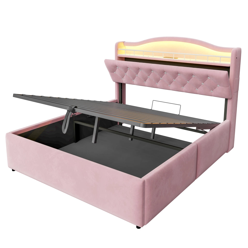 Letto imbottito rosa 140x200 cm con apertura idraulica; testiera LED e ricarica USB