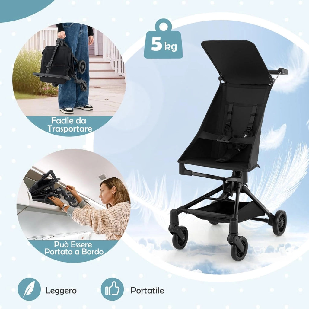 Passeggino Leggero per Bambini, Passeggino Compatto con Tettuccio Regolabile, Cestino di Stoccaggio e Ruote, Passeggino Pieghevole per Bambini 6+ Mesi