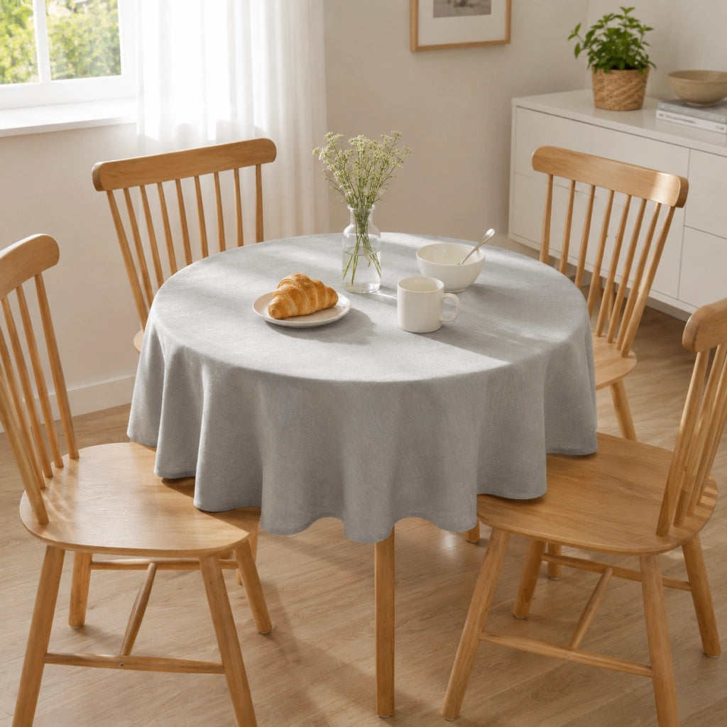 Tovaglia rotonda 160 cm colore grigio; tessuto effetto lino idrorepellente; lavabile in lavatrice; design moderno per tavolo da pranzo interno
