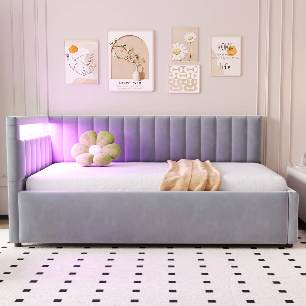 OKWISH Letto Divano 90×200 cm, Letto Singolo con LED Regolabile, Vano Contenitore Idraulico e Testiera Reversibile, senza Materasso, Grigio
