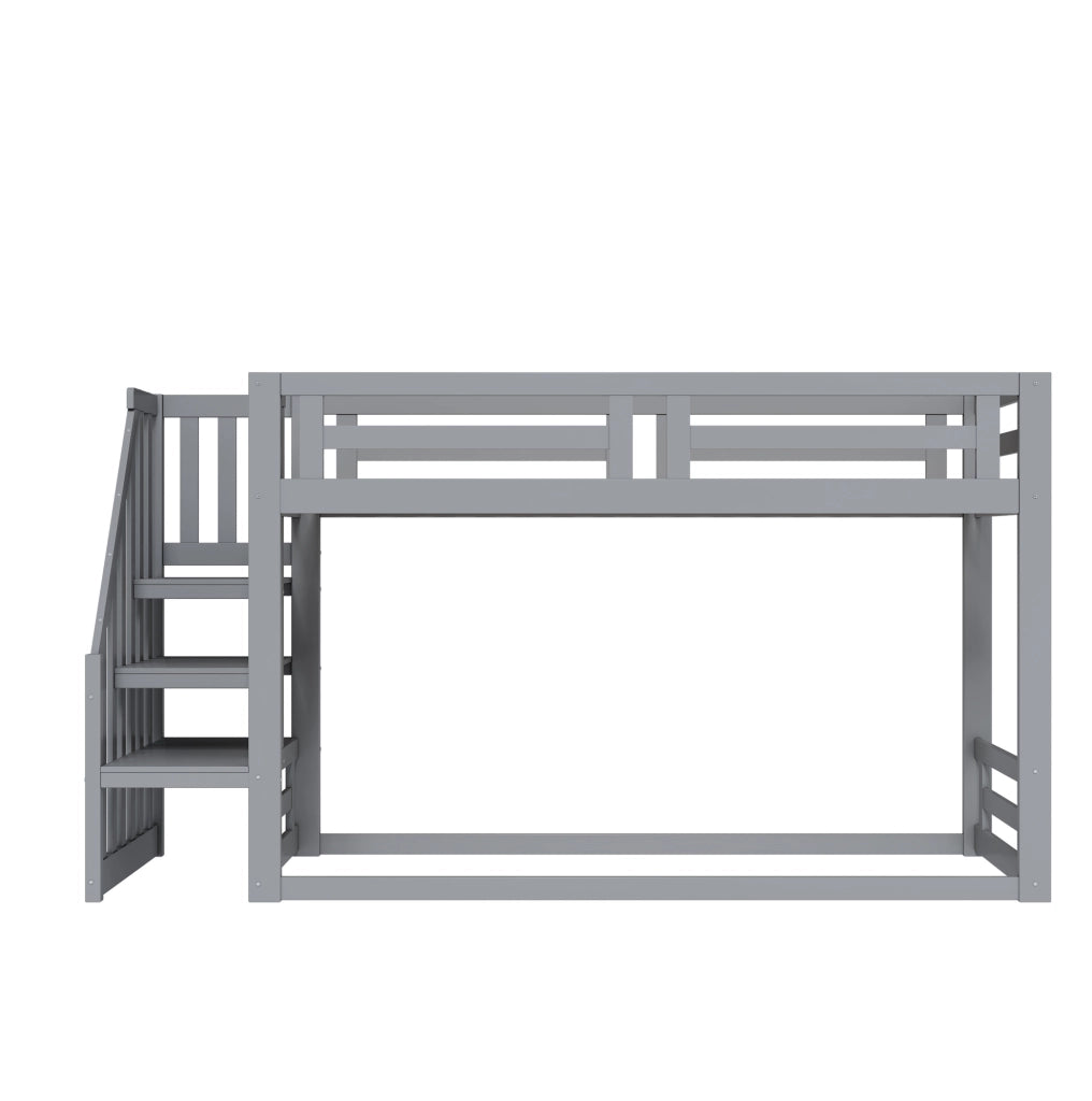 Letto a castello basso per bambini 90x200 cm con scala contenitore; grigio