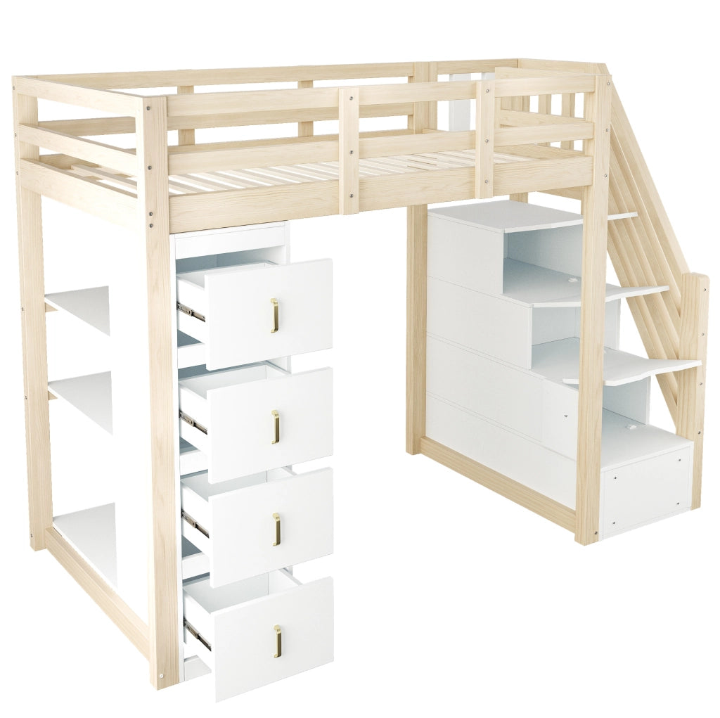 Letto a soppalco 90x200 cm in legno naturale con 4 cassetti; scaffale a 3 ripiani e scala laterale