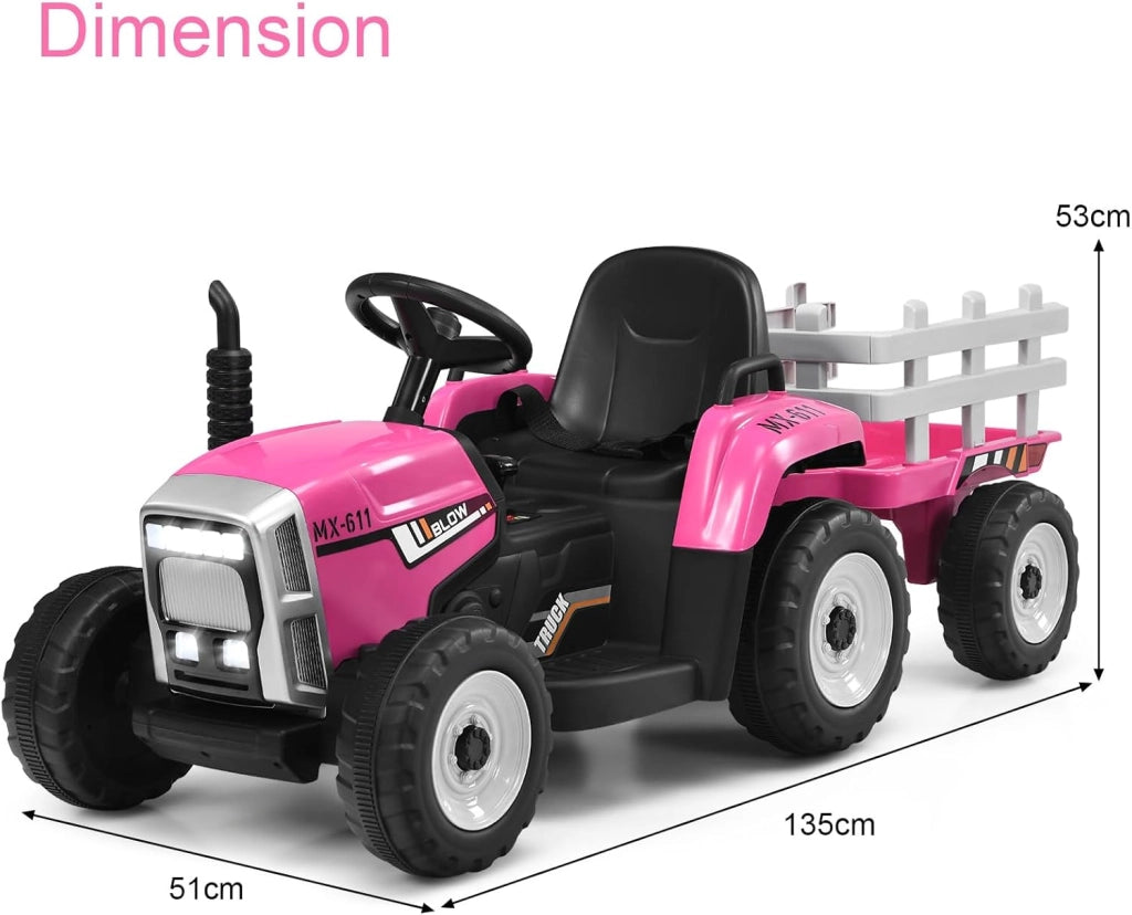 Trattore Elettrico per Bambini 12V con Rimorchio Rimovibile, Trattore Cavalcabile con Telecomando e Pedale Acceleratore, Veicolo con Multimedia, Clacson e Luci, Carico 30 kg (Rosa)