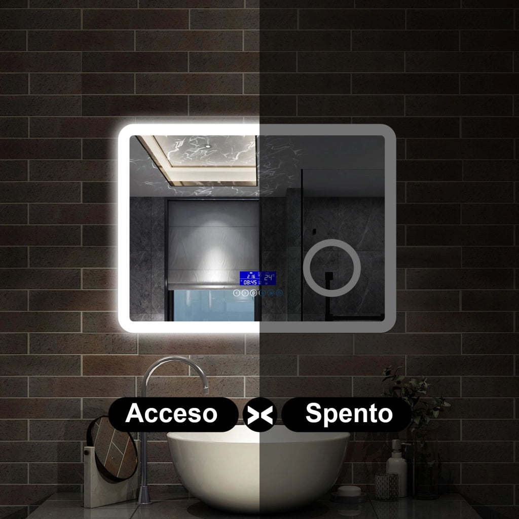 specchio rettangolare 80x60 cm con luce dimmerabile a 3 colori, bluetooth, antiappannamento e ingranditore 3x