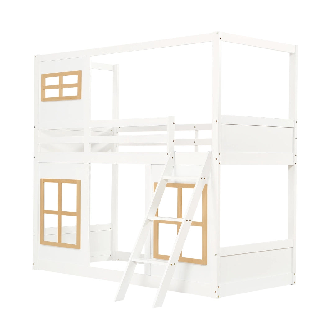 OKWISH Letto a Castello Bambini 90×200 cm, Letto Singolo con Finestre, Scala, Sponde su 4 Lati, senza Materasso, Bianco e Naturale