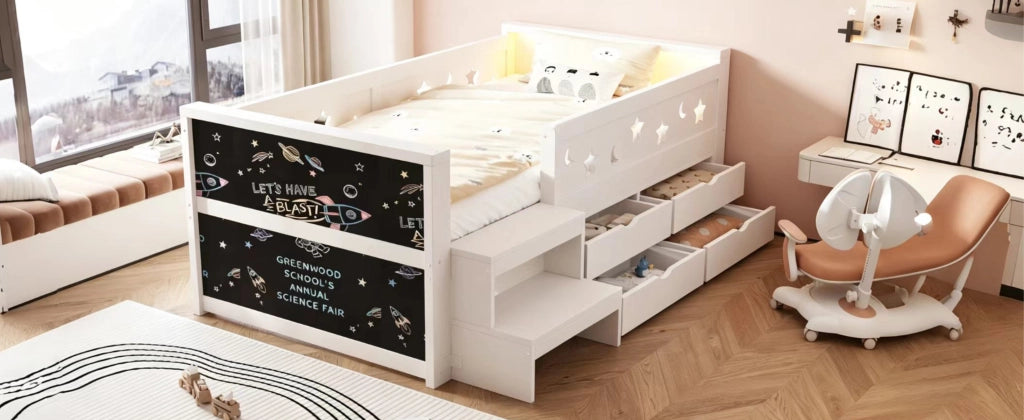 Letto per bambini 90 × 200 cm con barriere di sicurezza, lavagna, 4 cassetti, scaletta e LED, senza materasso, in legno, bianco