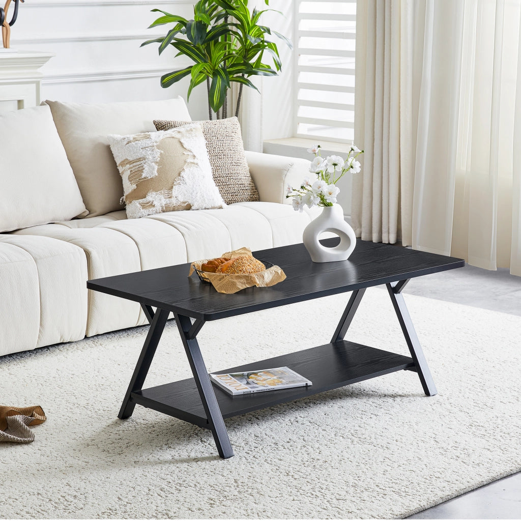 TAVOLINO DA SALOTTO 110x57x44,5 cm Nero MDF e Metallo con Ripiano