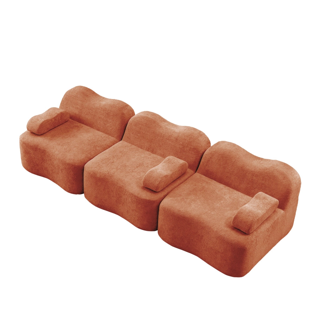 Sofa modulare senza braccioli in velluto arancione, seduta profonda, senza montaggio, 288×98×70 cm
