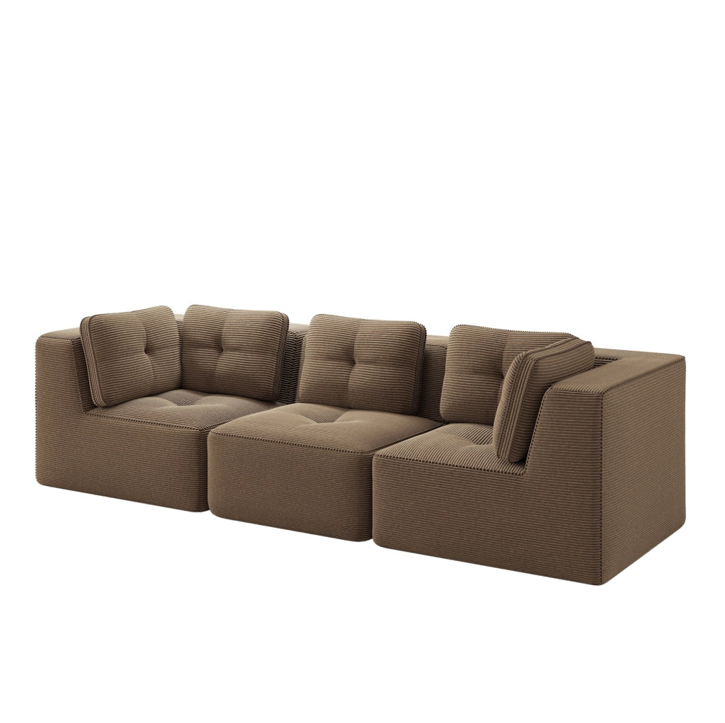Divano angolare modulare in corduroy marrone 297x104x69 cm con seduta profonda 74 cm