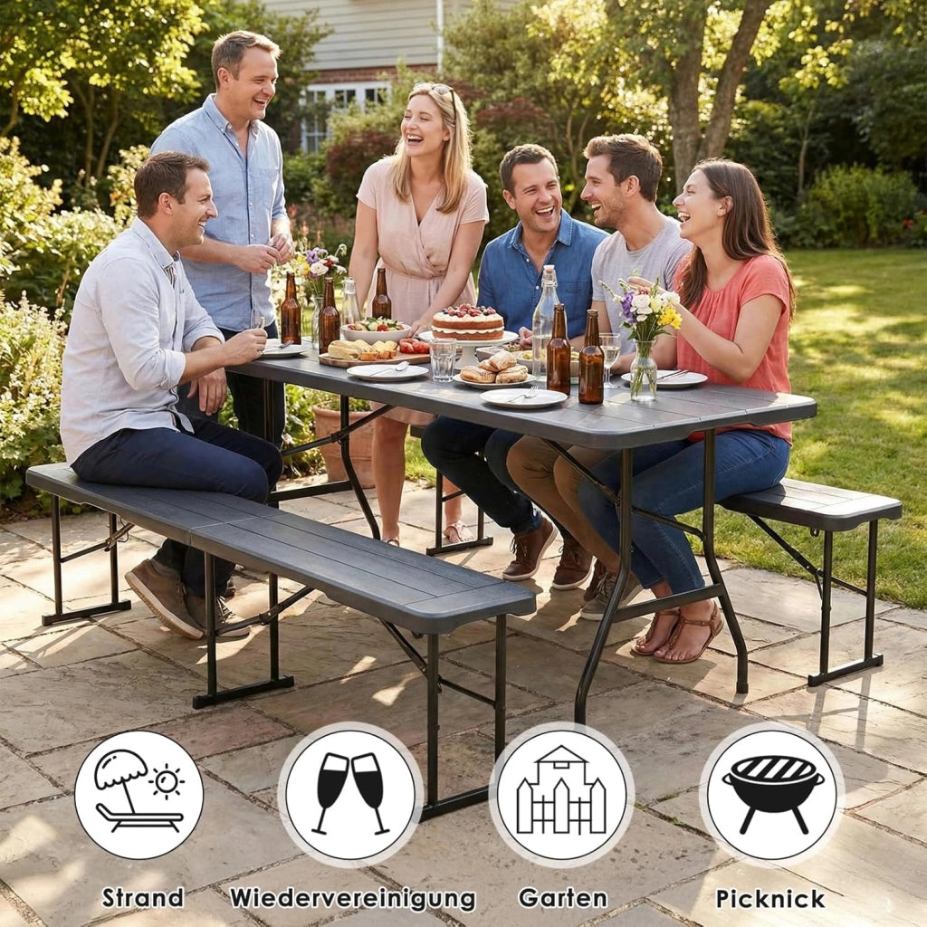 Set Tenda da Birra da 3 Pezzi 180cm, 1 Tavolo e 2 Panche Pieghevoli, Set di Mobili da Giardino in Plastica HDPE, Set Birreria con Manico di Trasporto, per Campeggio Picnic Esterno, Ottica in Legno