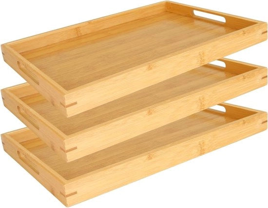 Scatola per la cucina in bambù rettangolare - 3 pezzi - maniglie - 35 x 25 x 3 cm - per bevande, colazione e decorazione della cucina