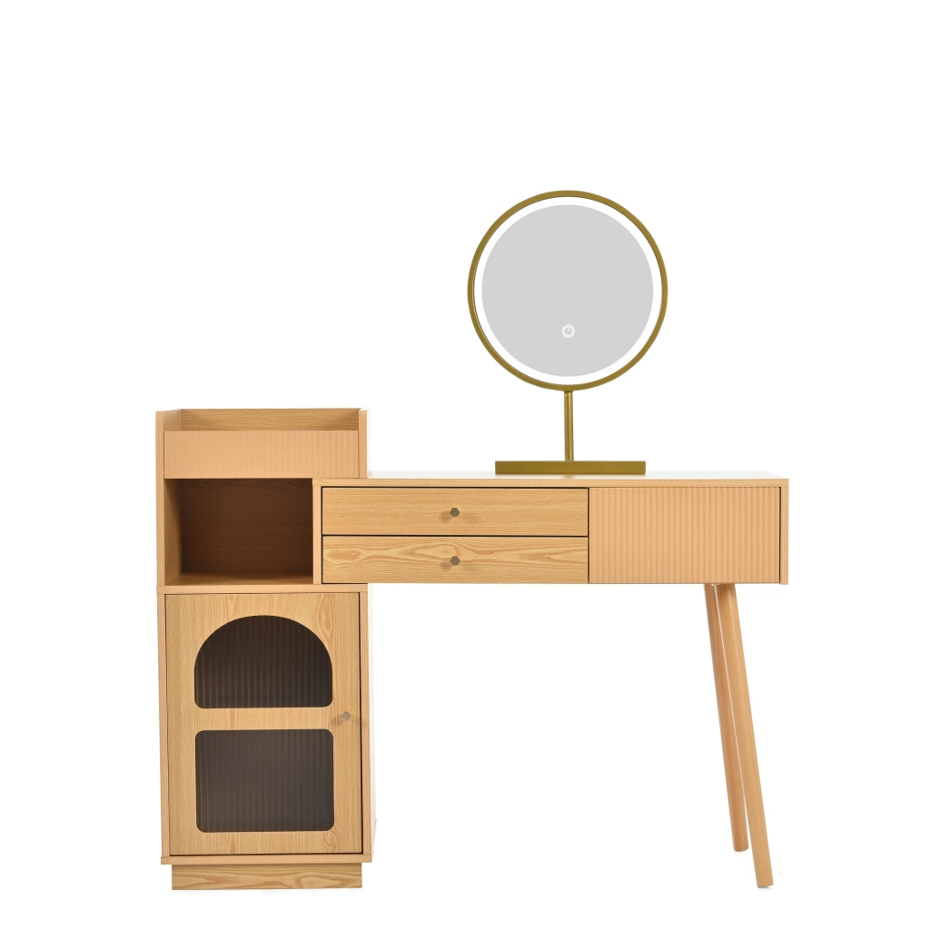 Set toeletta con specchio LED a 3 colori, 3 cassetti e mobile laterale, colore naturale