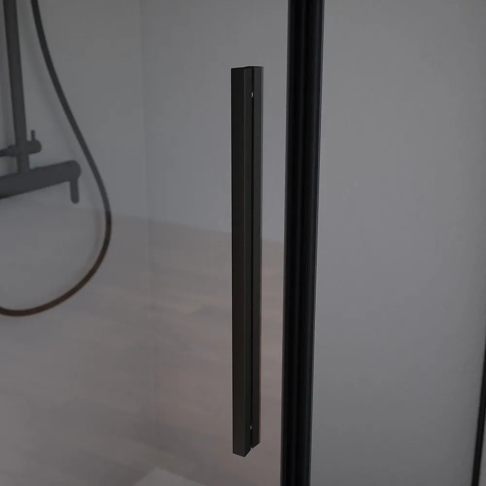 Box doccia 85x80cm con apertura a battente e parete fissa, profili nero opaco e vetro da 6mm trasparente h195 | Elba