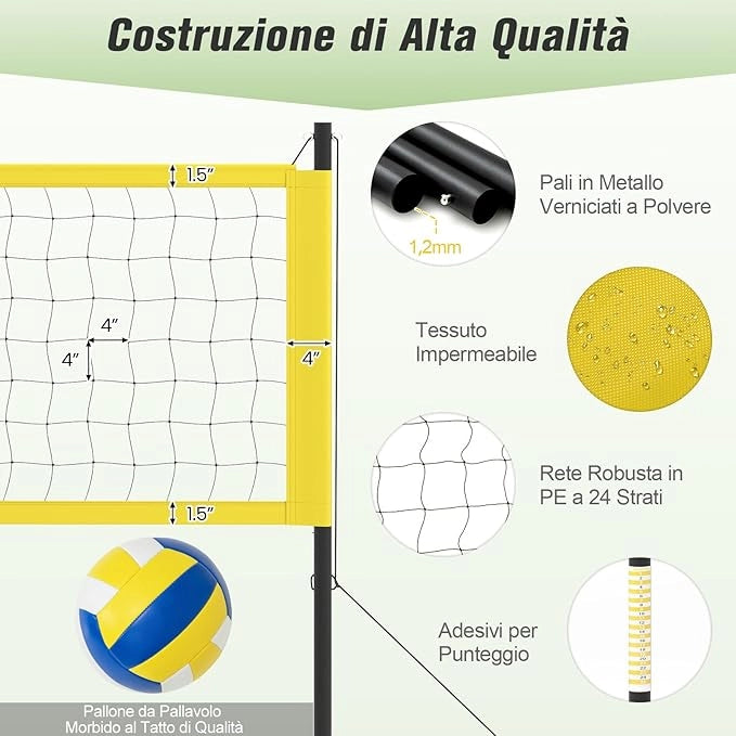 Rete da Pallavolo per Esterni Portatile, Rete con Pali Regolabili in Altezza, Anti-Afflosciamento, Pallavolo, Pompa, Martello, Linea di Confine e Borsa, per Giardino e Spiaggia
