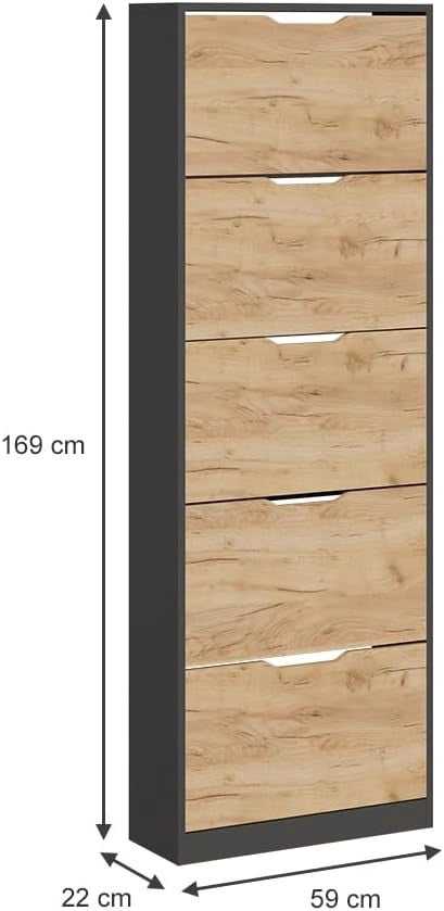 Scarpiera da ingresso Luca, Antracite/quercia dorata, 22 x 169 cm con 5 scomparti